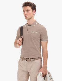 Kahverengi Regular Fit %100 Pamuk D__meli Polo Yaka Ti__rt