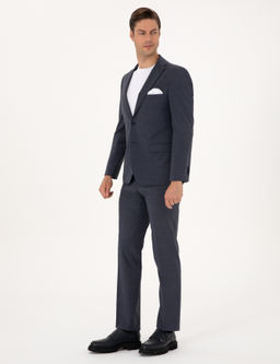Koyu Mavi Slim Fit Y_n Kar___ml_ Tak_m Elbise