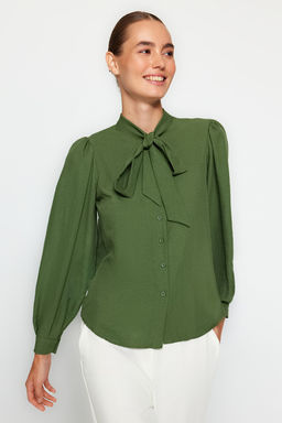 Ekru Yakada Fular Detayl? Regular Normal Kal?p Dokuma Gomlek TWOSS21GO0098