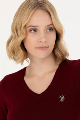 Женский бордовый базовый свитер с v-образным вырезом Неожиданная скидка в корзине - U.s. polo assn фото 2