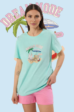 Trendyolmilla Turkuaz-Pembe %100 Pamuklu Yaz Temal? Sortlu Orme Pijama Tak?m? THMSS25PT00262