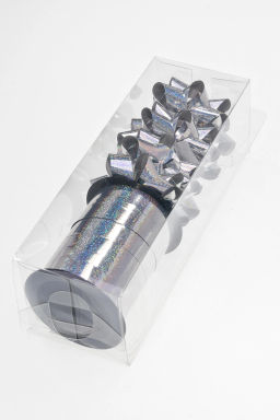Набор для упаковки: бант 5,5 см (4 шт), лента 1 см*10 м (1 шт), SF-7825, серебро №2 - Больше подарков фото 2