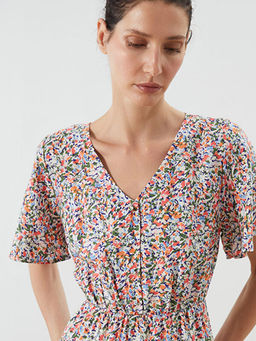 V Yaka ?i?ekli Belden Oturtmal? Elbise