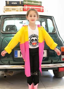 Детский многоразовый плащ-дождевик желто-розовый с капюшоном | ZC Alessano SmartKids
