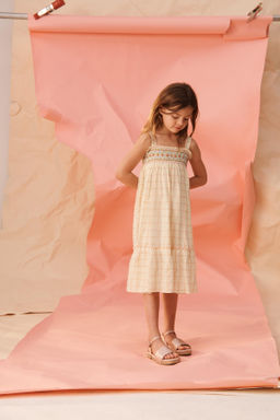 VESTIDO LARGO CUADROS Y FLORES BORDADAS LIMITED EDITION / Amarillo claro