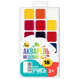 Краска акварель Лео Учись медовые, без кисти в пластиковой упаковке с европодвесом LNW-0118 18 цв
