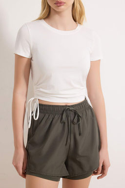 Ekru Buzgulu Baglama Detayl? Micro Kumas Orme Spor T-Shirt THMSS26TS00003