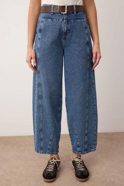 TRENDYOLMILLA Koyu Mavi Kahverengi Kemerli Dikis Detayl? Yuksek Bel Barrel Balon Jeans TWOSS25JE00182  фото 10
