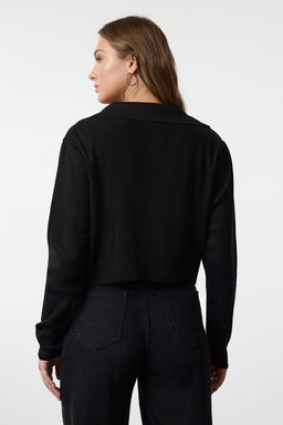 Siyah Crop Polo Yaka Ince Triko Kazak TWOAW25KZ00041 - Trendyolmilla фото 5