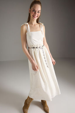 Trendyolmilla Ekru Rahat Kesim Brode Maxi Dokuma Elbise TWOSS25EL00585  фото 2