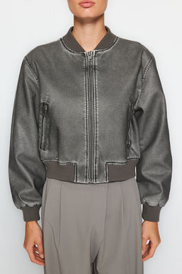 Antrasit Eskitme Detayl_ Suni Deri Bomber Ceket Mont TWOAW24MO00278 - Trendyolmilla фото 9