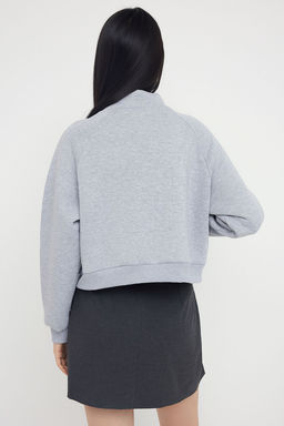 Gri Melanj Regular/Normal Kal?p Fermuarl? Dik Yaka Kal?n Ici Polarl? Orme Sweatshirt TWOAW26SW00017