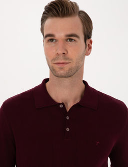 Bordo Slim Fit Regular Fit Pamuk Kar___ml_ Polo Yaka Basic Triko Kazak