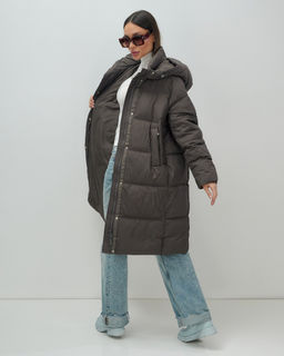 Пальто зимнее утепленное с капюшоном женское темно-коричневого цвета 7618TK - Visdeer фото 2