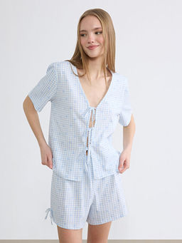 V Yaka Ekose Kad?n ?ortlu Pijama Tak?m?