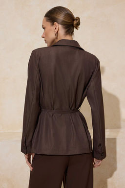Koyu Kahverengi Cizgili Dokuma Ince Blazer Gomlek Ceket TWOSS26BC00005 - Trendyolmilla фото 4