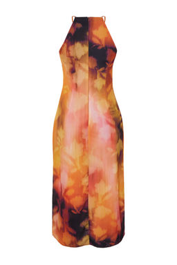 TRENDYOLMILLA Turuncu Cicek Desenli Duz Kesim Halter Yaka Midi Saten Astarl? Dokuma Elbise TWOSS23EL02417 фото 8