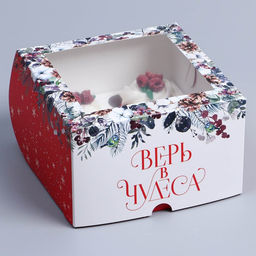 Цена за 5 шт. Коробка складная на 4 капкейка новогодняя с окном «Верь в чудеса», 16×16×10 см