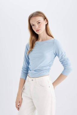 Женская базовая однотонная футболка с вырезом лодочкой и длинными рукавами