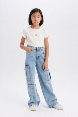 K?z Cocuk Wide Leg Kargo Genis Paca Pamuklu Jean Pantolon