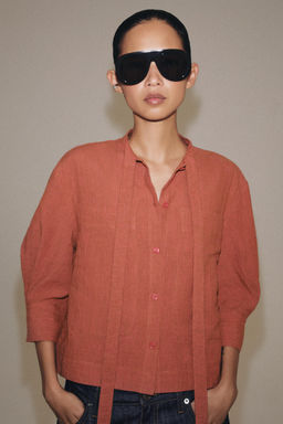 CAMISA LAZADA CON LINO ZW COLLECTION / Naranja quemado - Zara фото 2
