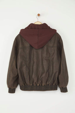 Kahverengi Oversize C?kar?labilir Kapusonlu Eskitme Efektli Suni Deri Bomber Mont TWOAW26MO00008 - Trendyolmilla фото 6