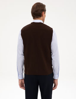 Koyu Kahverengi Slim Fit V Yaka Triko Yelek