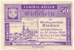 50 геллеров 1920 года Австрия Ридау (нотгельд)