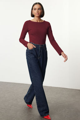 Bordo Pamuklu Kay?k Yaka Fitted/Vucuda Oturan Esnek Bluz TWOAW24BZ00166