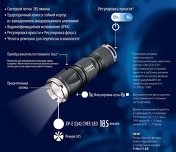 P-ML071-BB Black Фонарь Uniel серии Премиум Iron domination 185, алюминиевый корпус, XP-E {Q4} CREE LED, упаковка цветной короб, 1 х CR123A в/к, цвет черный