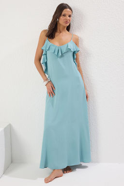 TRENDYOLMILLA Siyah Maxi Dokuma Volanl? Plaj Elbisesi TBESS19WY0004  фото 27