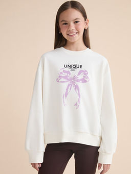 Bisiklet Yaka Kurdele Bask?l? K?z ?ocuk Sweatshirt