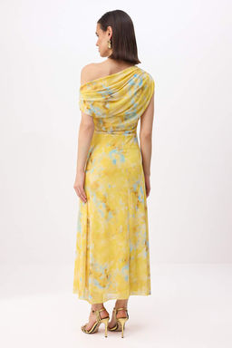 Sar?-Cok Renkli Cicekli Duz Kesim Orme Tul Maxi Astarl? S?k/Gece Elbise