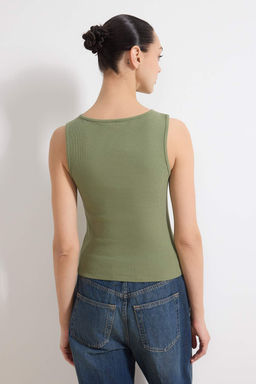 Haki Dugmeli Fitted/Vucuda Oturan Fitilli Esnek Orme Bluz TWOSS24BZ00306