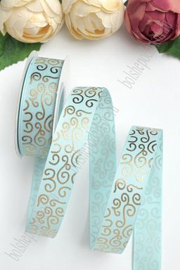 Лента репсовая 2,5 см*20 ярд "Узор" SF-5852, голубой/золото №11