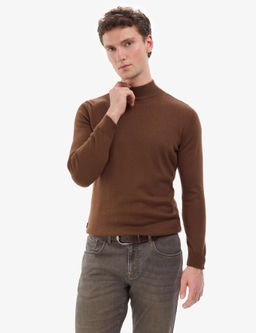 Koyu Kahverengi Slim Fit Yar_m Bal_k__ Yaka Basic Triko Kazak