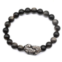 Обсидиан иризирующий браслет шарик 8мм с Драконом