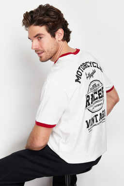 Ekru Oversize/Genis Kesim Bask?l? Renk Bloklu %100 Pamuklu T-Shirt TMNSS24TS00103