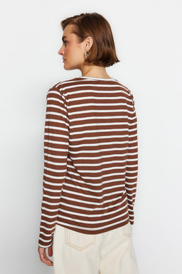 Kahverengi Cizgili Basic Bisiklet Yaka Orme T-shirt TWOAW23TS00002