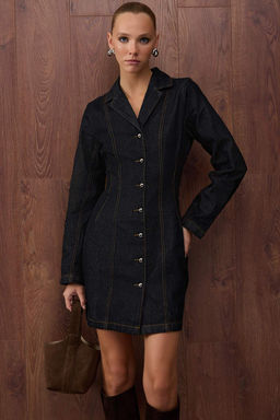 Ozel Koleksiyon Koyu Mavi Dikis Detayl? Mini Denim Elbise TWOAW26EL00047