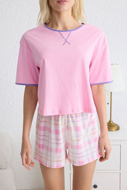 Trendyolmilla Lacivert %100 Pamuklu Ekoseli Biye Detayl? Sortlu Orme Pijama Tak?m? THMSS25PT00097 фото 4