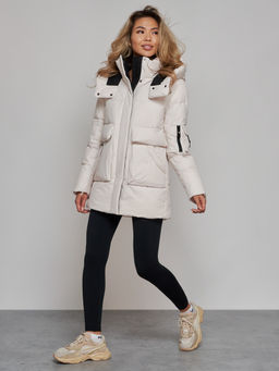 Зимняя женская куртка модная с капюшоном бежевого цвета 589827B - RoccaManer фото 6