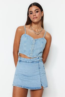 Ac?k Mavi Y?rtmacl? Denim Sort Etek TWOSS23SR00091