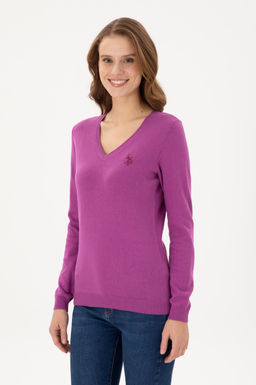 Женский фиолетовый базовый свитер с v-образным вырезом