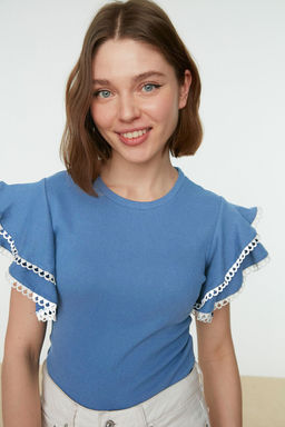 Indigo F?rf?r ve Dikis Detayl? Fitted/Vucuda Oturan Fitilli Esnek Orme Bluz TWOSS21BZ0736 - Trendyolmilla фото 3
