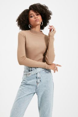 Vizon Fitted/Vucuda Oturan Dik Yaka Uzun Kol Fitilli Esnek Orme Bluz TWOAW21BZ0423