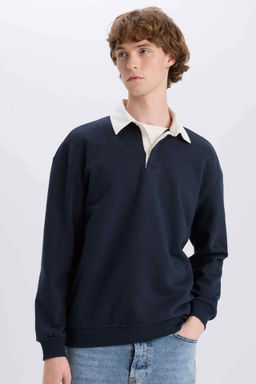 Boxy Fit Polo Yaka Basic Duz Sweatshirt - Defacto фото 2