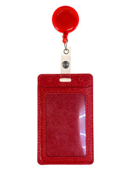 Бейдж с лентой на рулетке вертикальный, цвет красный