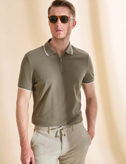 Haki Slim Fit %100 Pamuk Fermuarl_ Polo Yaka Ti__rt