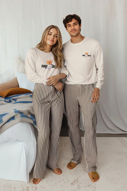 Bej - Kahve Regular Fit Cizgili Couple/Cift Orme Erkek Pijama Tak?m? TMNAW25PT00049